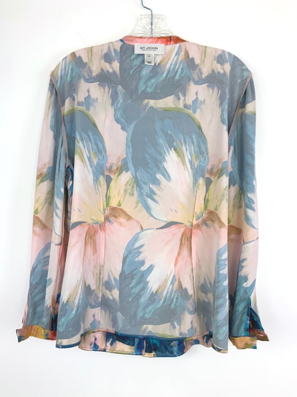 New St. John Collection Silk Floral Watercolor Blue Pink Blouse Sz 8 - Picture 14 of 16